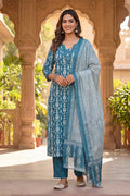 Blue Printed Straight Cotton Kurta Pant Set for Women - The House of Indu