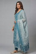 Blue Printed Straight Cotton Kurta Pant Set for Women - The House of Indu