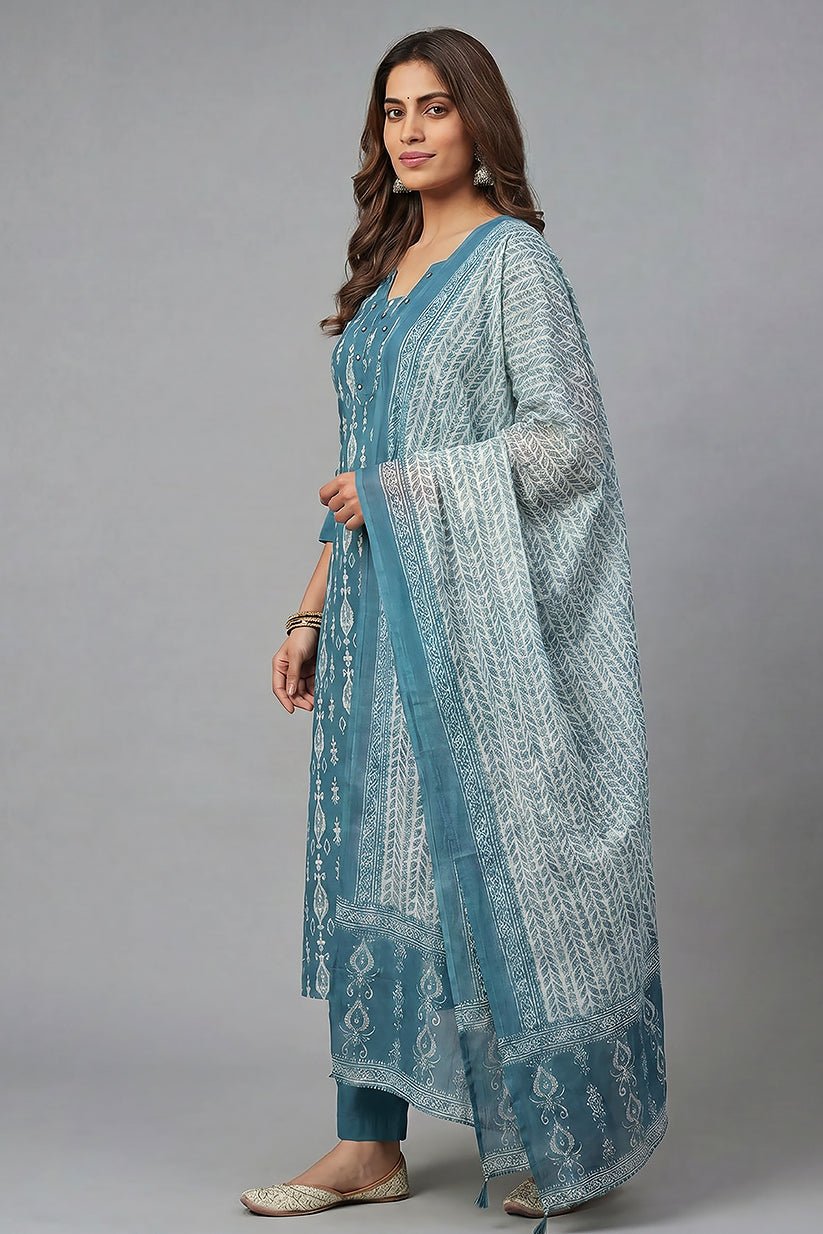 Blue Printed Straight Cotton Kurta Pant Set for Women - The House of Indu