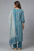 Blue Printed Straight Cotton Kurta Pant Set for Women - The House of Indu