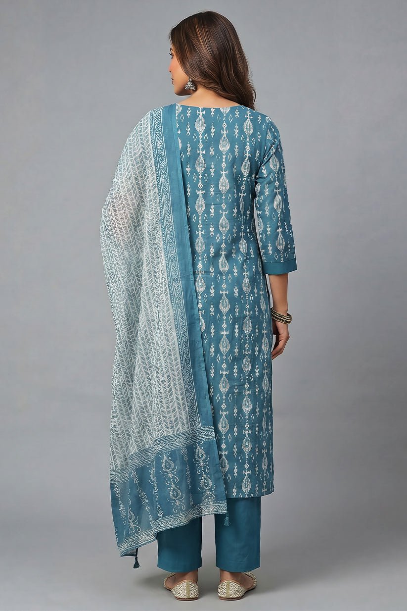 Blue Printed Straight Cotton Kurta Pant Set for Women - The House of Indu
