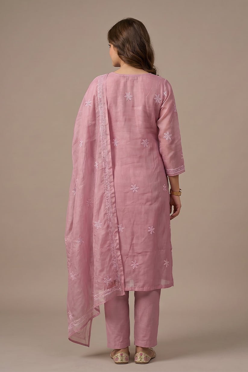 Blush Pink Chikankari Organza Kurti with Dupatta for Women - The House of Indu