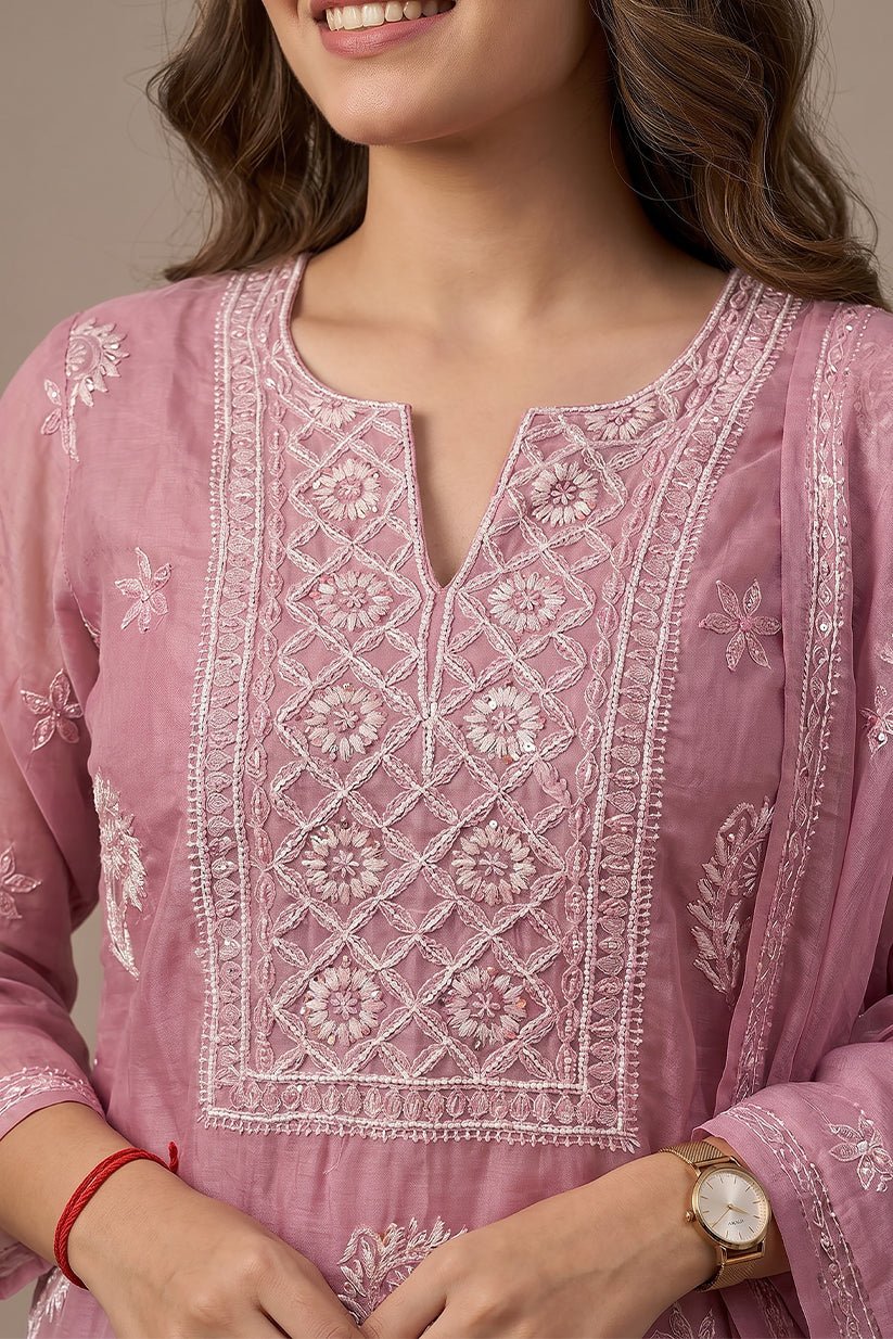 Blush Pink Chikankari Organza Kurti with Dupatta for Women - The House of Indu