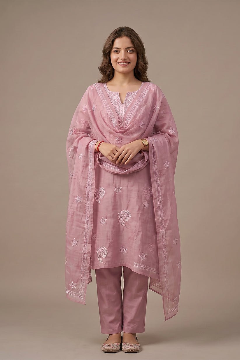 Blush Pink Chikankari Organza Kurti with Dupatta for Women - The House of Indu