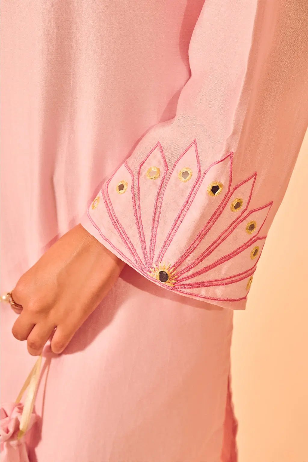 Blush Pink Embroidered Chanderi Co-ord Set with Scalloped Kurta - The House of Indu