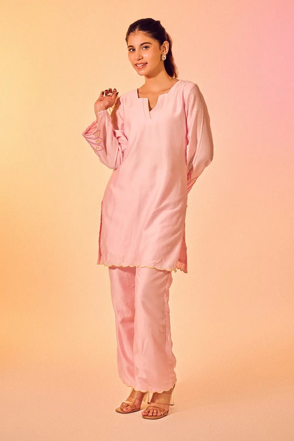 Blush Pink Embroidered Chanderi Co-ord Set with Scalloped Kurta - The House of Indu