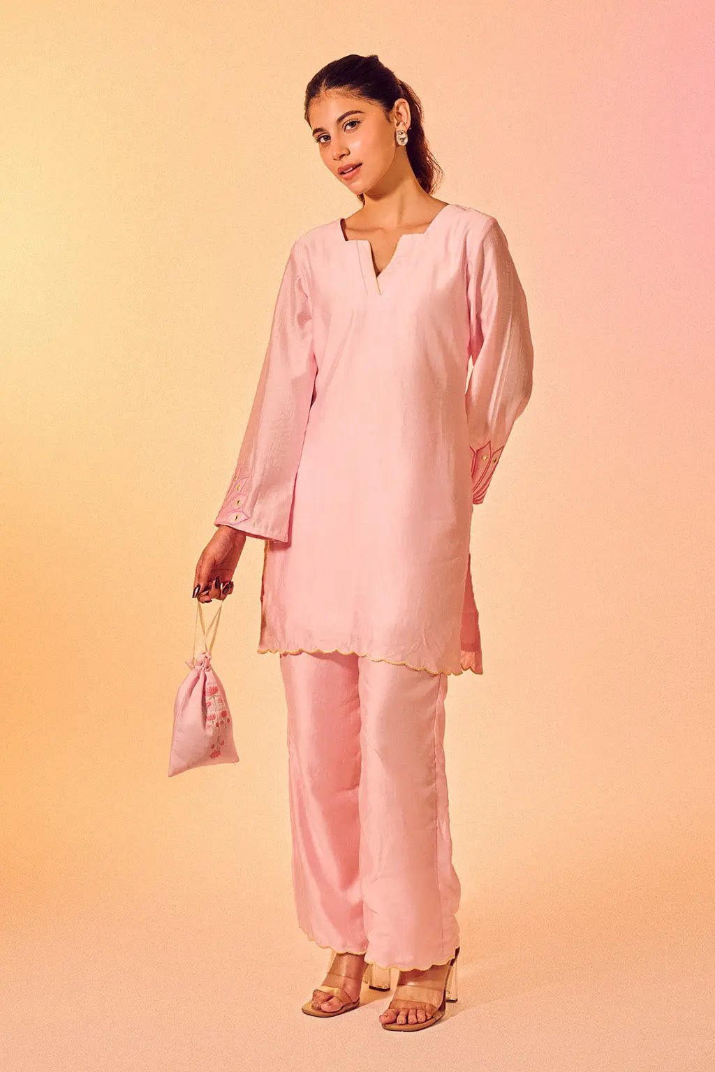 Blush Pink Embroidered Chanderi Co-ord Set with Scalloped Kurta - The House of Indu