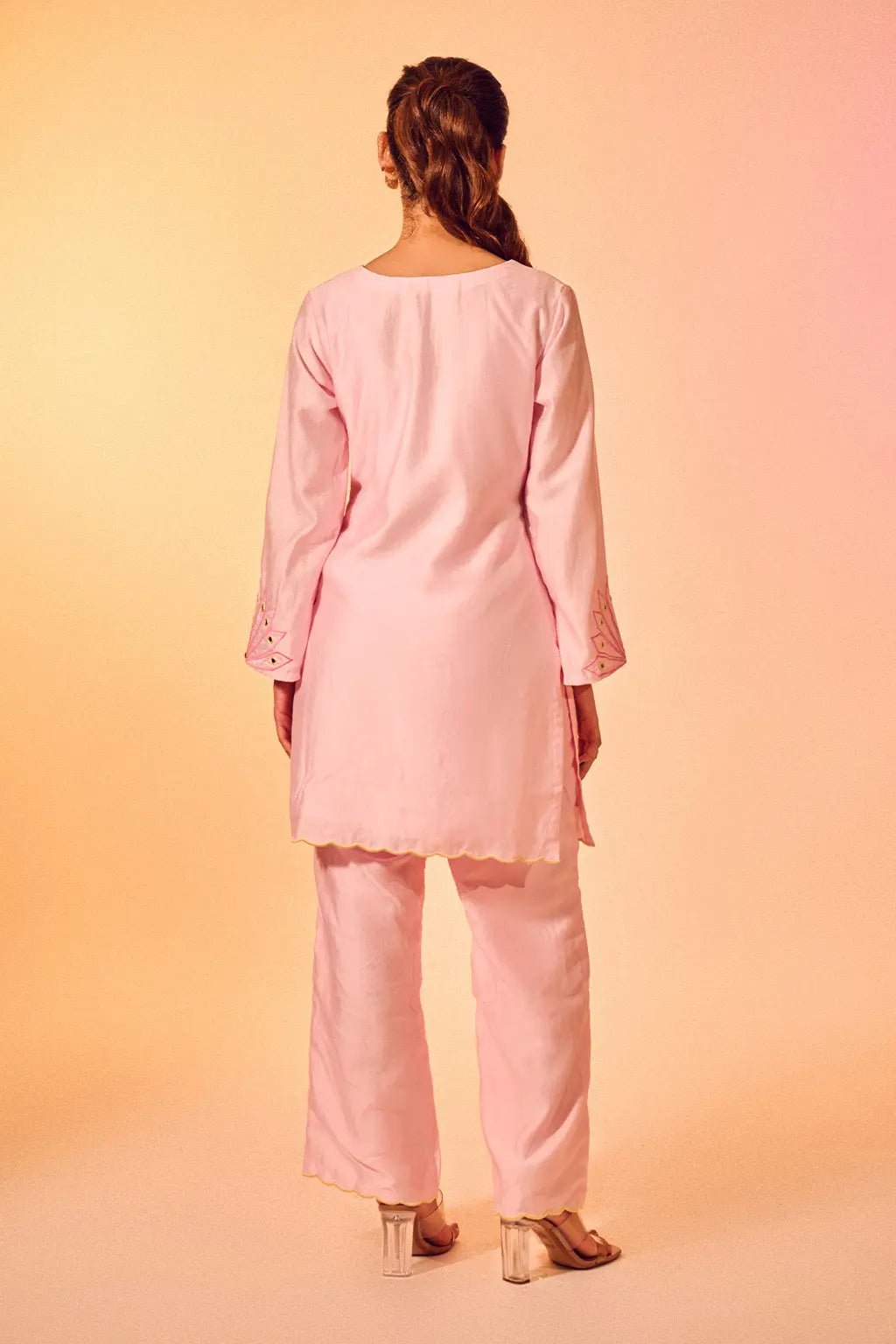 Blush Pink Embroidered Chanderi Co-ord Set with Scalloped Kurta - The House of Indu