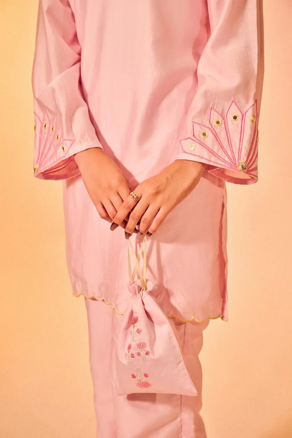 Blush Pink Embroidered Chanderi Co-ord Set with Scalloped Kurta - The House of Indu