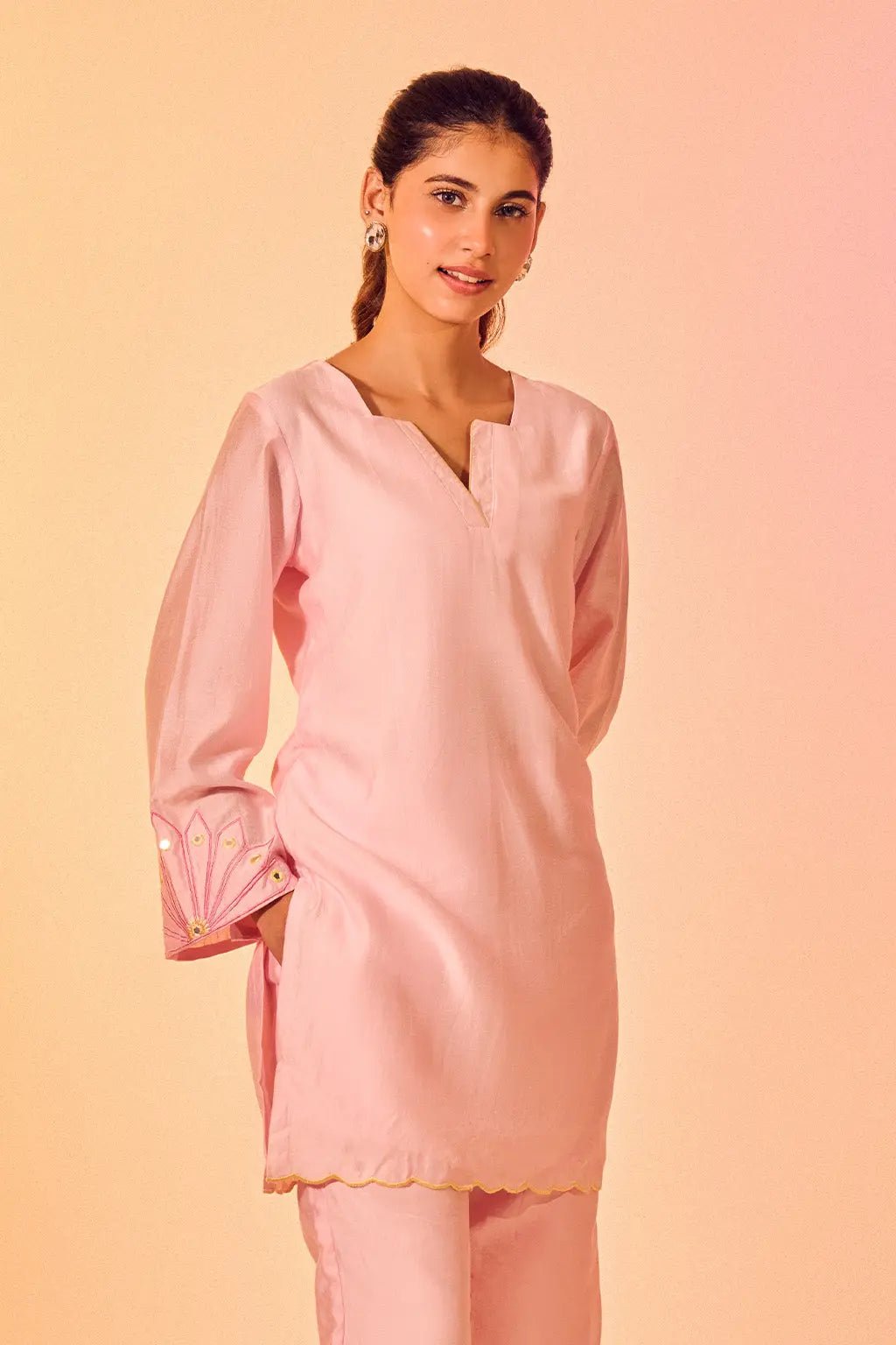 Blush Pink Embroidered Chanderi Co-ord Set with Scalloped Kurta - The House of Indu