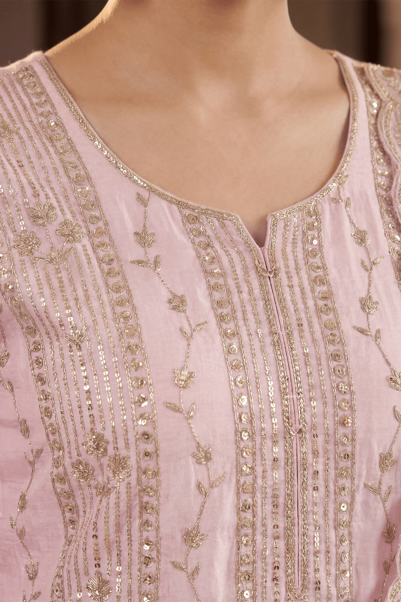 Blush Pink Embroidered Kurta Palazzo Set with Dupatta for Women - The House of Indu