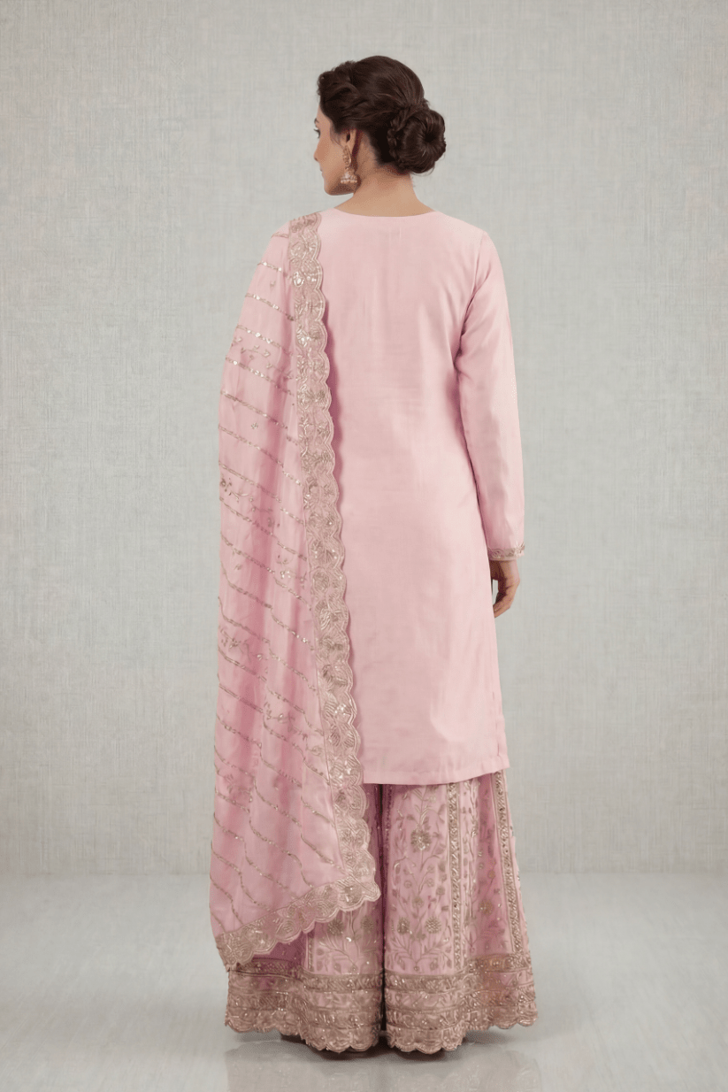 Blush Pink Embroidered Kurta Palazzo Set with Dupatta for Women - The House of Indu