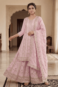 Blush Pink Embroidered Kurta Palazzo Set with Dupatta for Women - The House of Indu