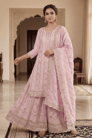 Blush Pink Embroidered Kurta Palazzo Set with Dupatta for Women - The House of Indu
