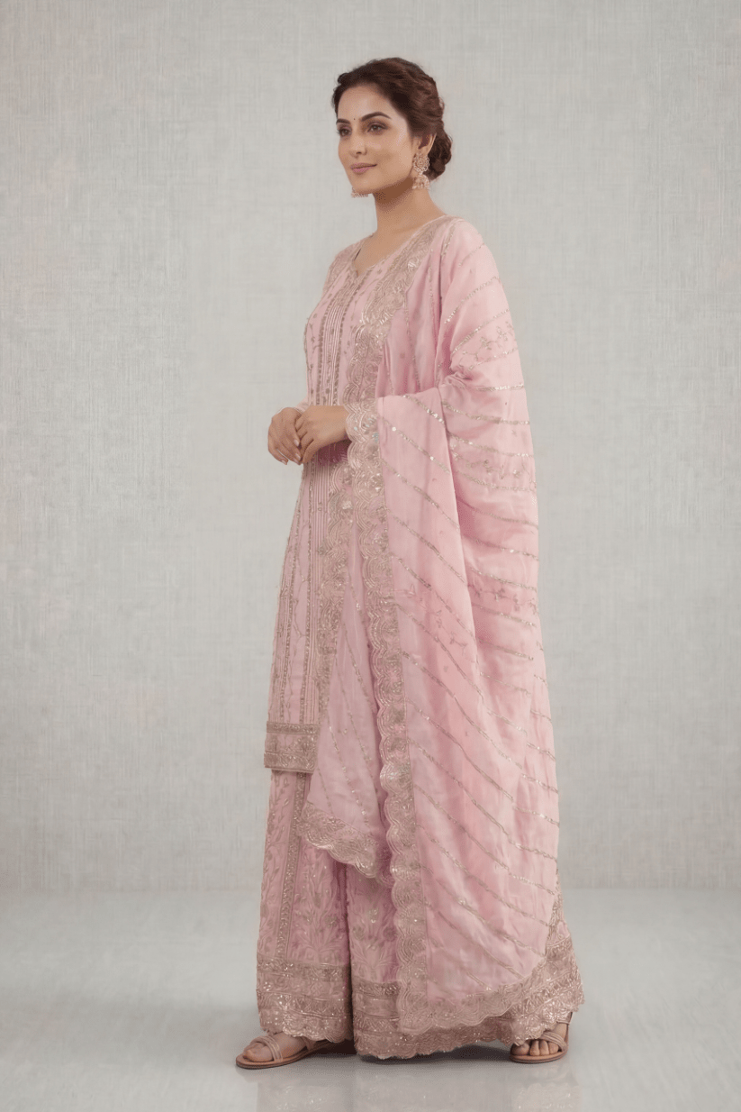 Blush Pink Embroidered Kurta Palazzo Set with Dupatta for Women - The House of Indu