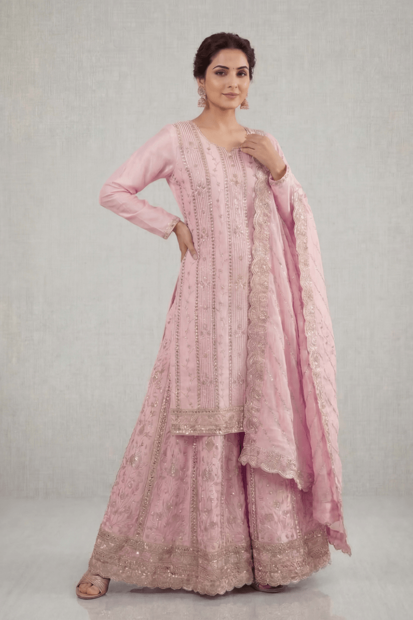 Blush Pink Embroidered Kurta Palazzo Set with Dupatta for Women - The House of Indu