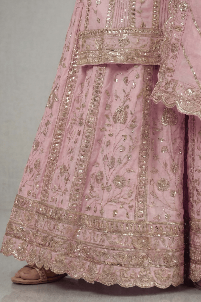 Blush Pink Embroidered Kurta Palazzo Set with Dupatta for Women - The House of Indu