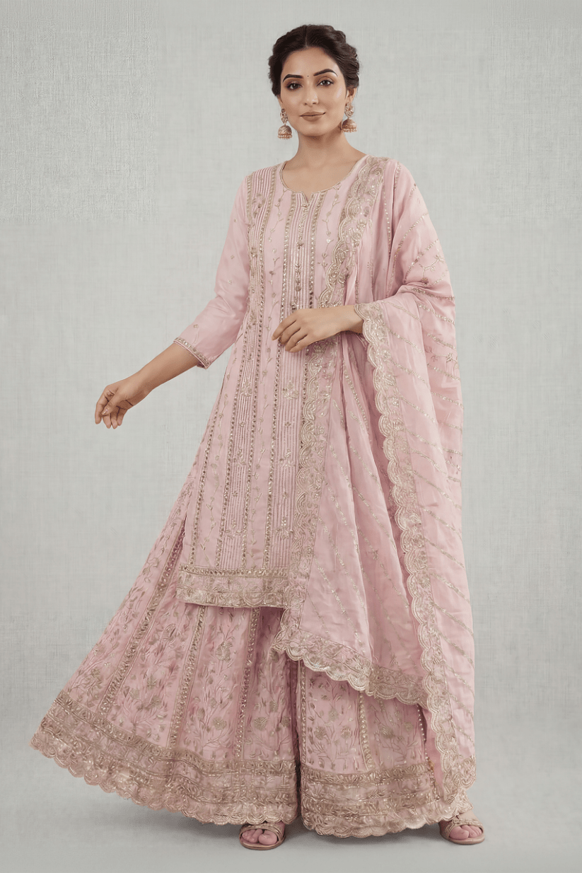 Blush Pink Embroidered Kurta Palazzo Set with Dupatta for Women - The House of Indu