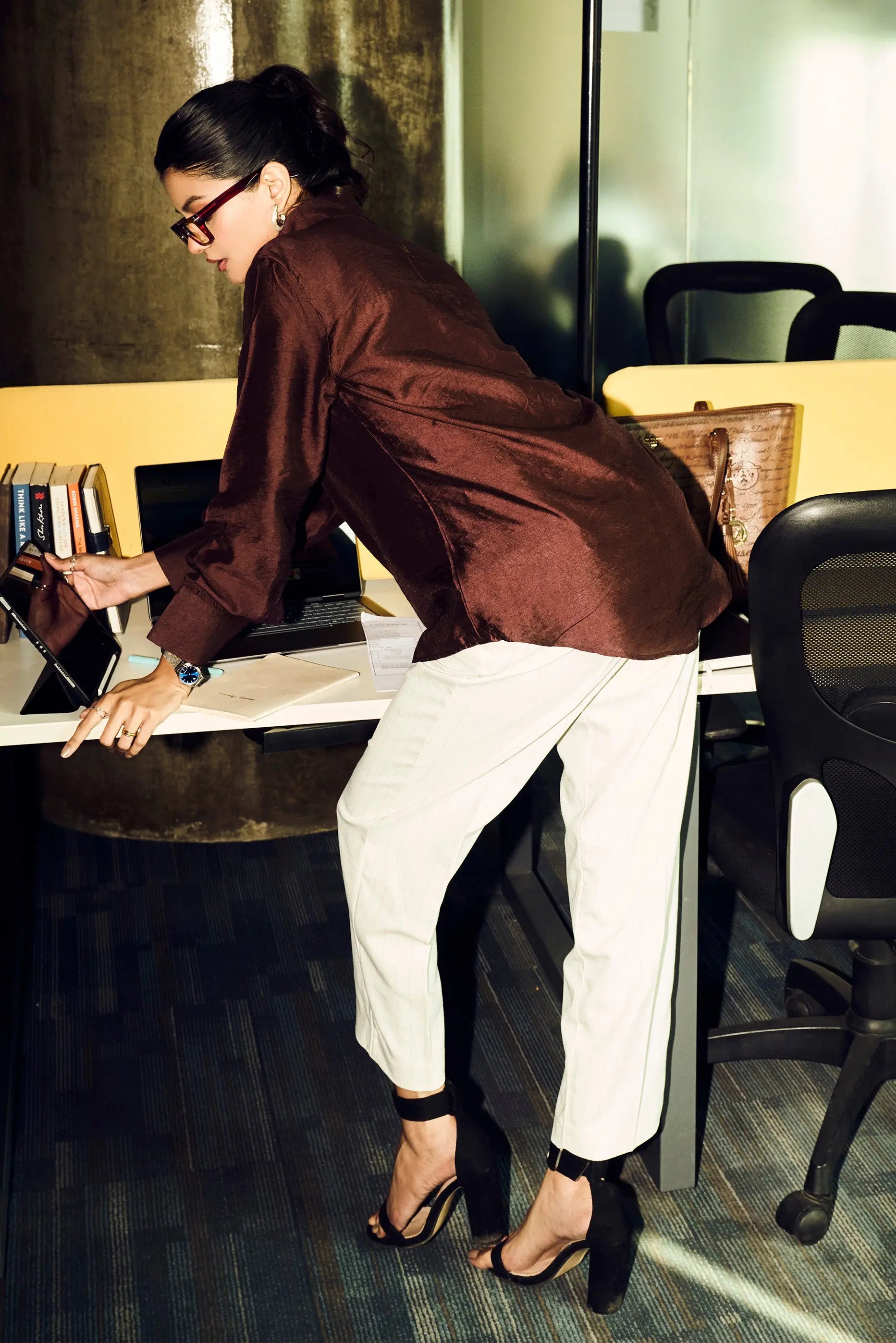 Back view of a brown Chanderi regular fit shirt for women in smart casual styling
