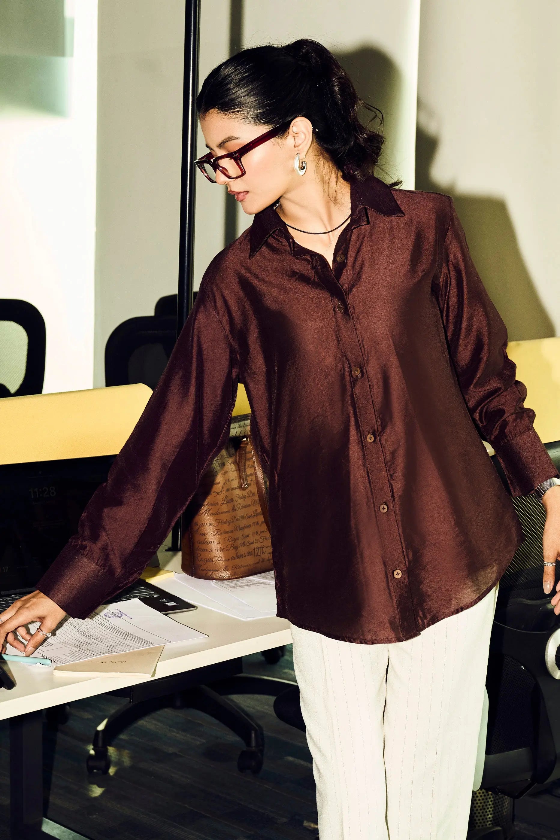 Women’s brown Chanderi shirt with full sleeves styled for modern office and casual wear