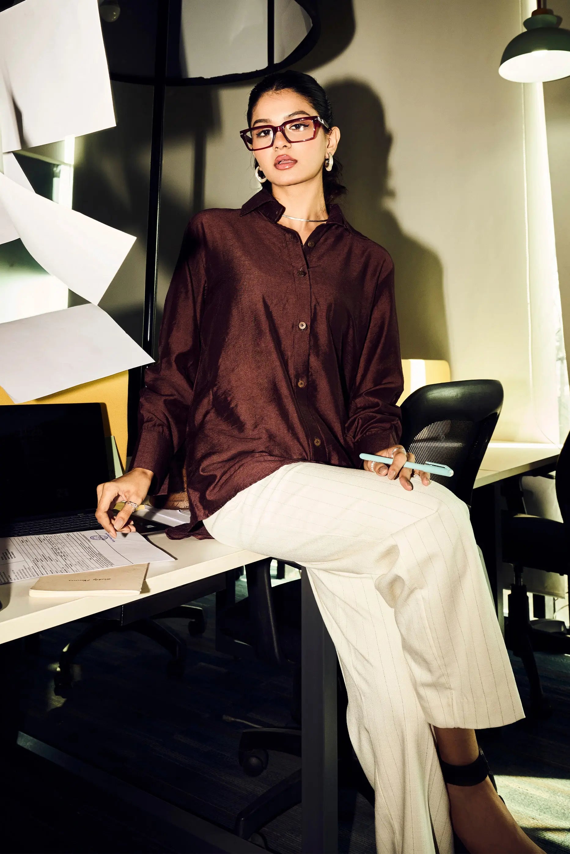 Elegant brown Chanderi regular fit shirt for women paired with white trousers for office styling