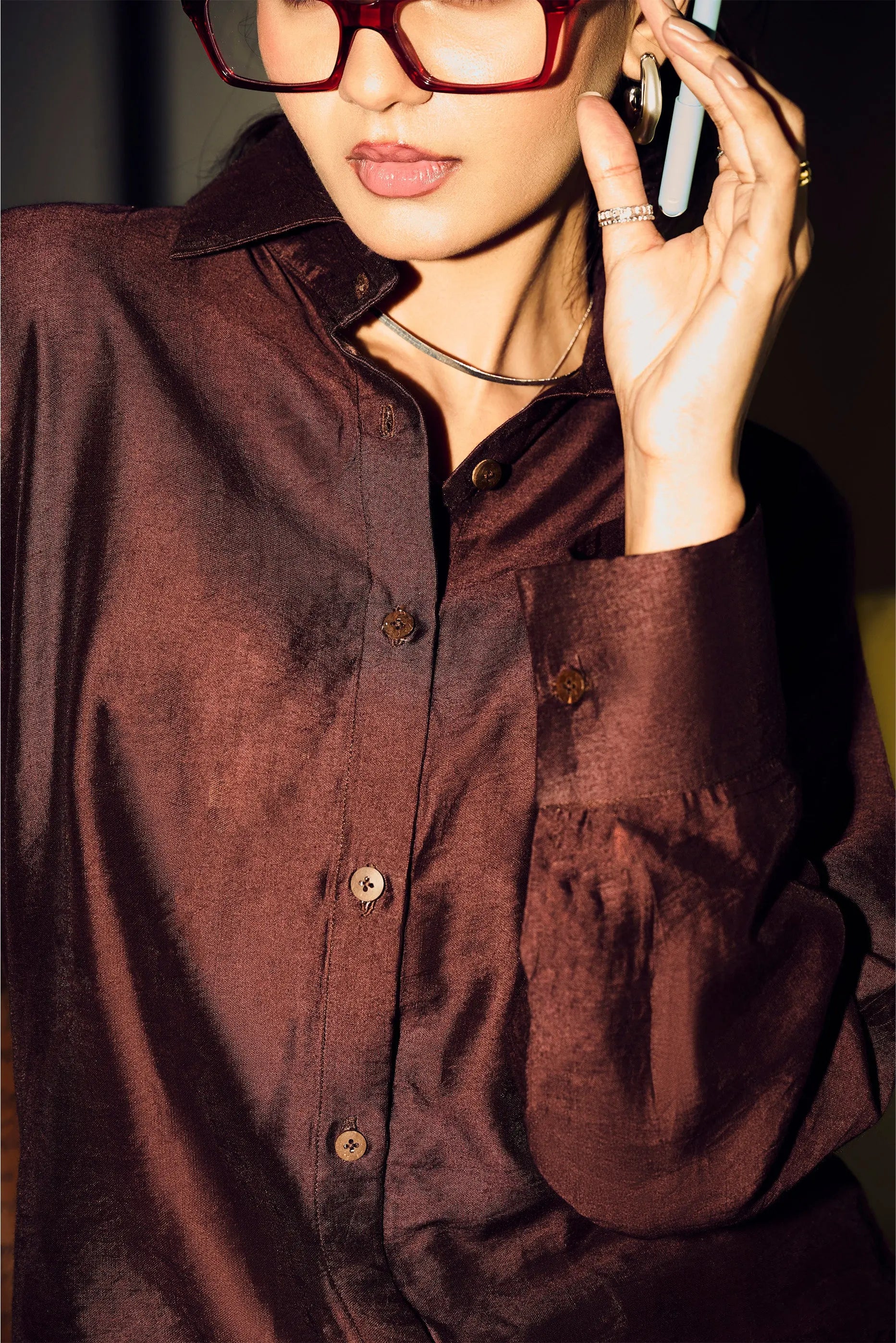 Brown Chanderi button-down shirt for women with elegant full sleeve detailing