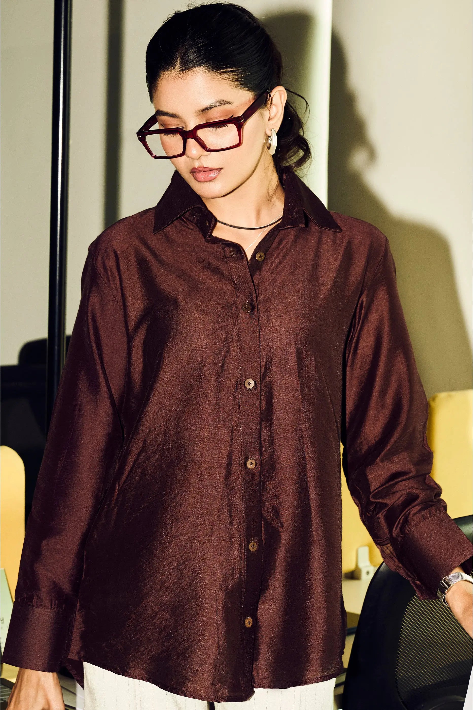 Minimal brown Chanderi shirt for women styled for office wear and contemporary fashion