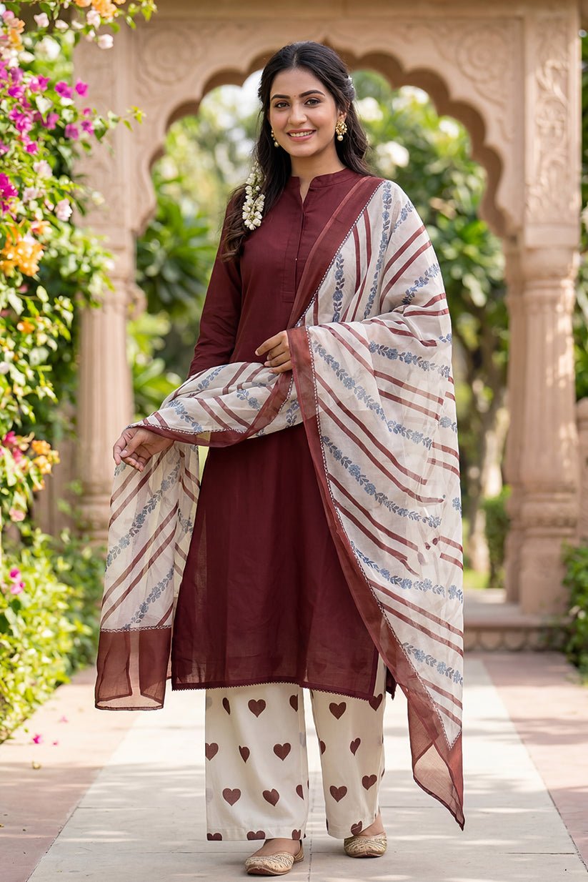 Brown Cotton Suit Set for Women with Dupatta - The House of Indu