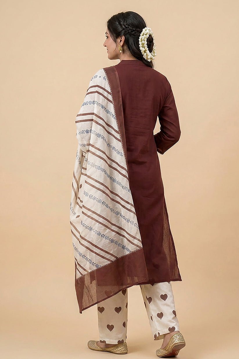 Brown Cotton Suit Set for Women with Dupatta - The House of Indu