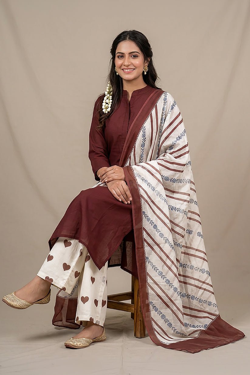 Brown Cotton Suit Set for Women with Dupatta - The House of Indu