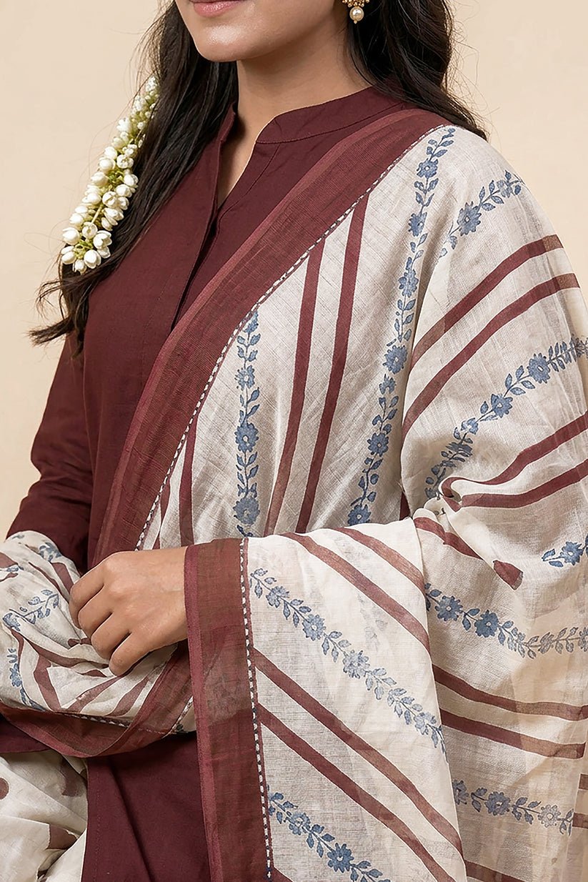 Brown Cotton Suit Set for Women with Dupatta - The House of Indu