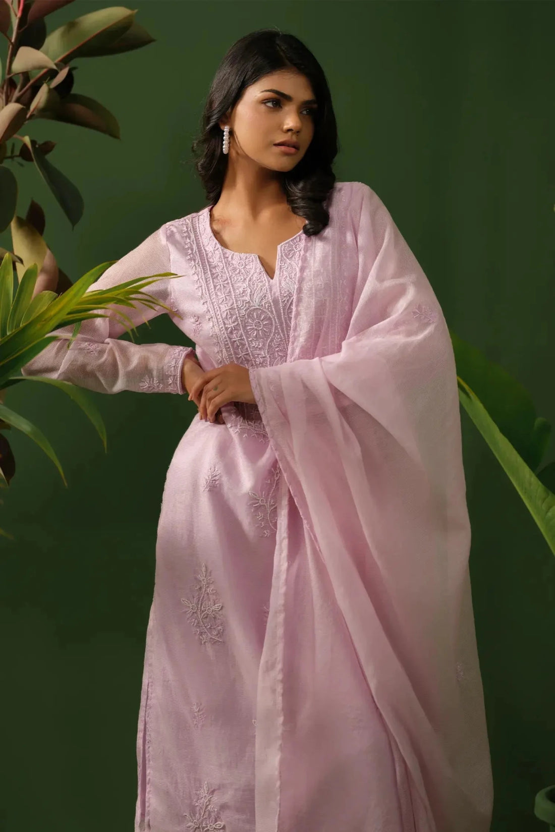 Chikankari Kota Maheshwari Kurta Set with Dupatta - The House of Indu