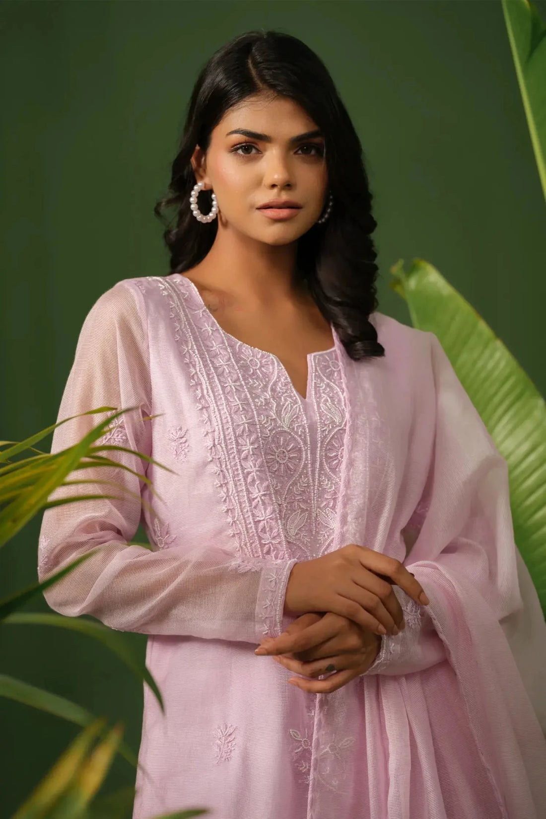 Chikankari Kota Maheshwari Kurta Set with Dupatta - The House of Indu