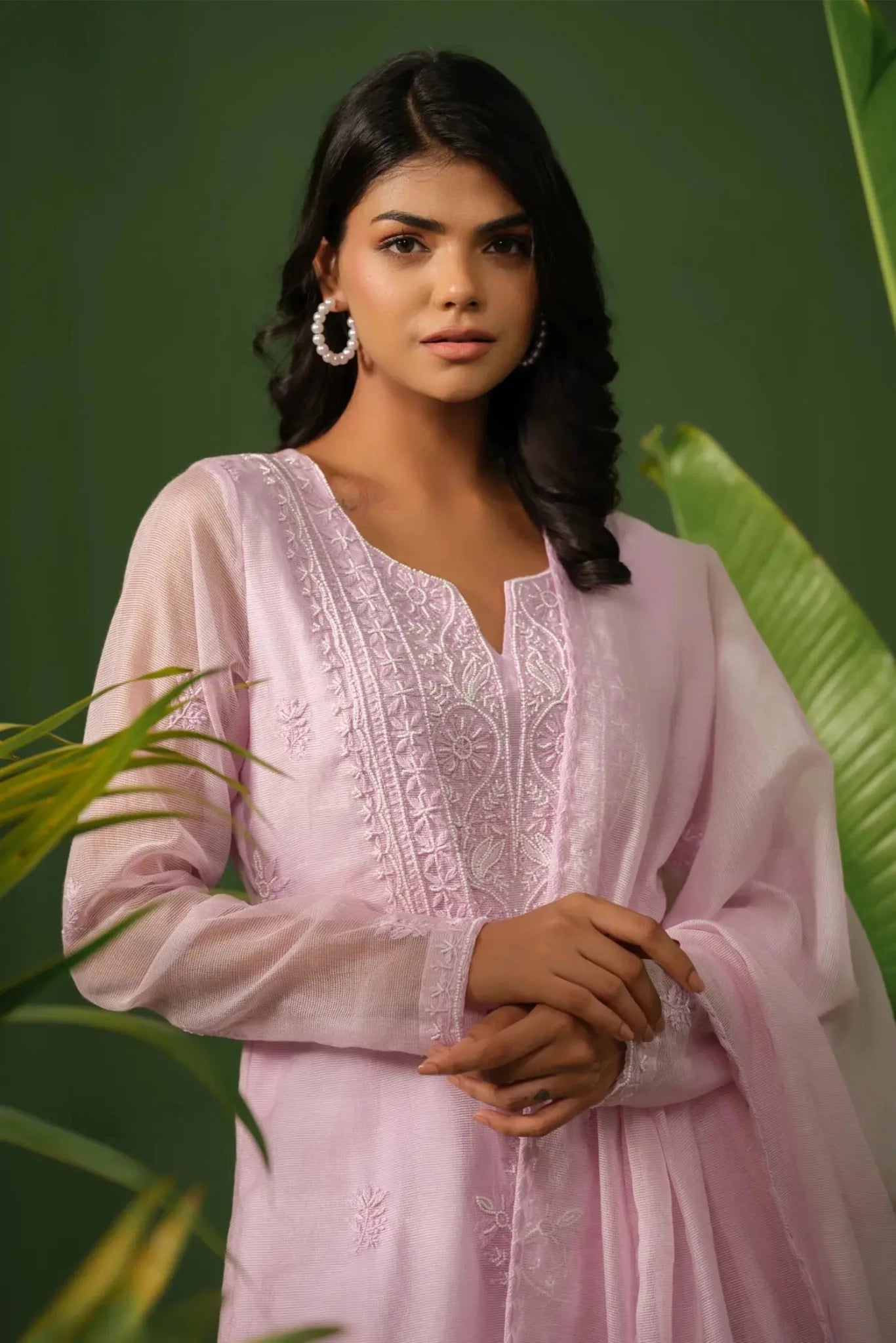 Chikankari Kota Maheshwari Kurta Set with Dupatta - The House of Indu