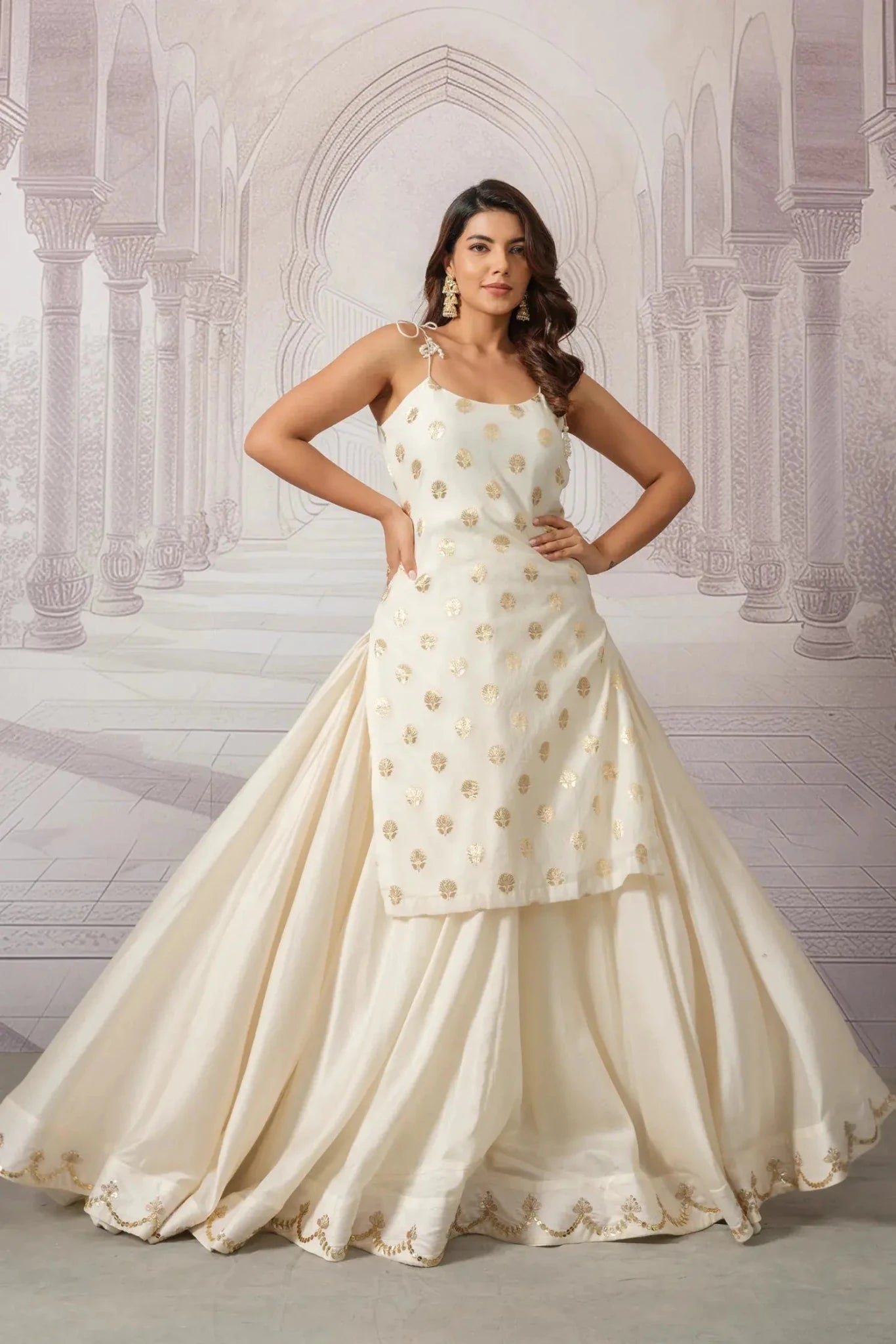 Cream Brocade Kurta and Chanderi Skirt Set for Women - The House of Indu