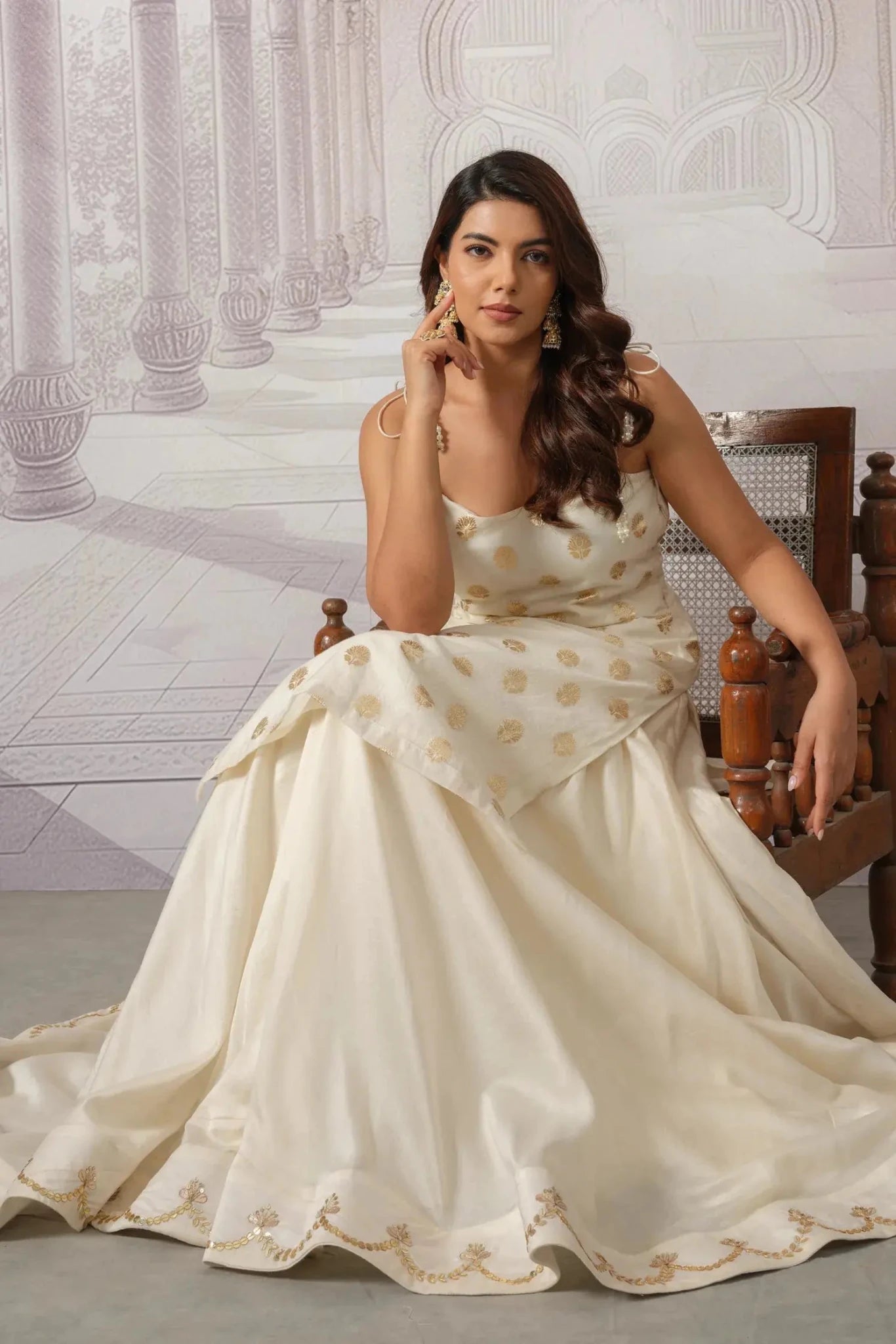 Cream Brocade Kurta and Chanderi Skirt Set for Women - The House of Indu