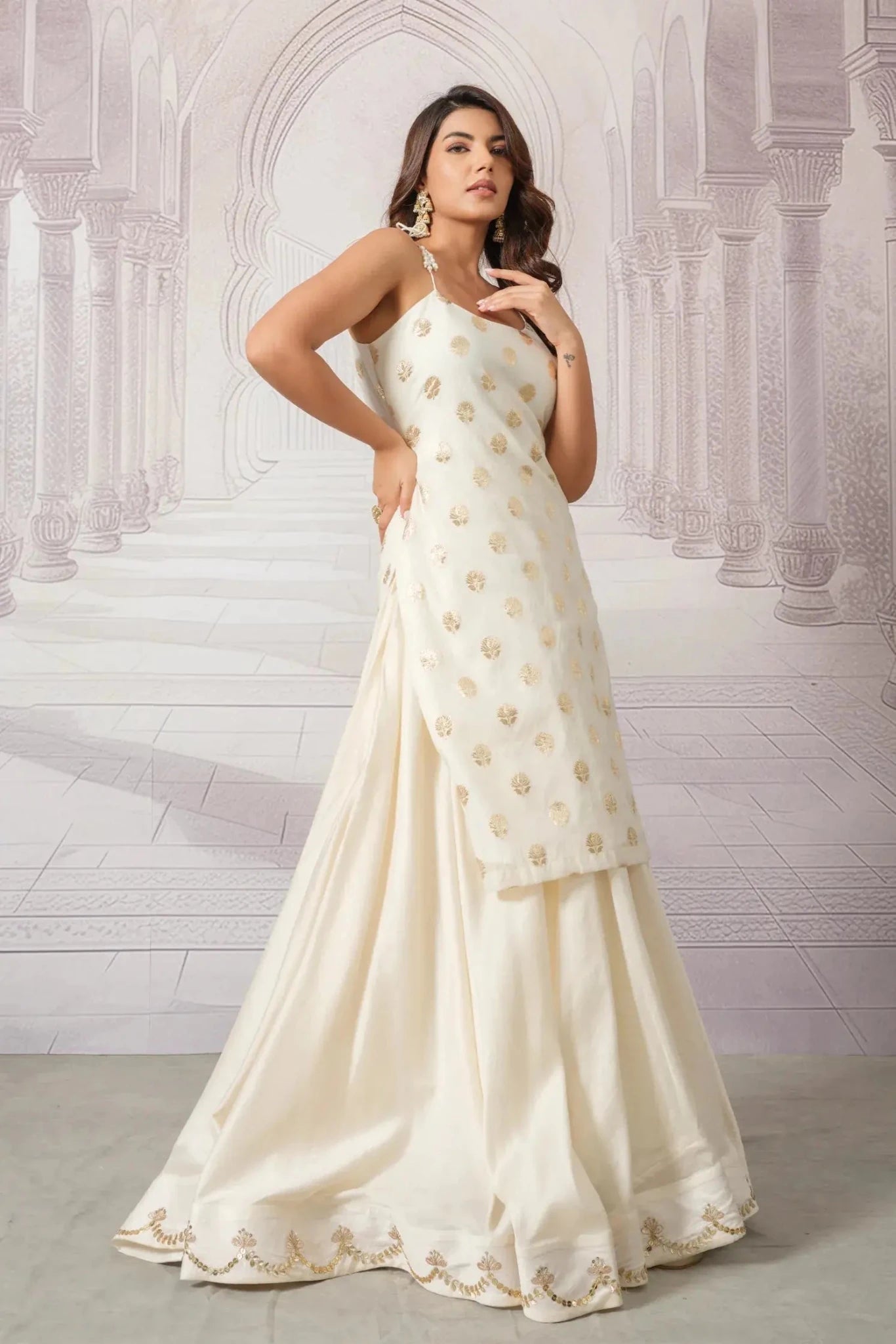 Cream Brocade Kurta and Chanderi Skirt Set for Women - The House of Indu
