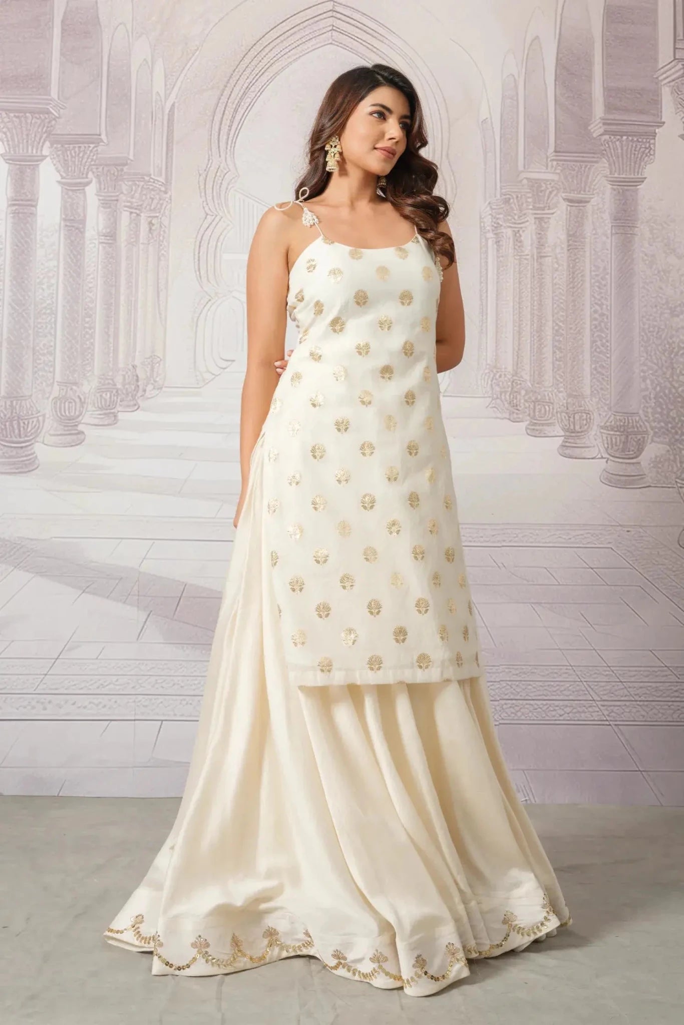 Cream Brocade Kurta and Chanderi Skirt Set for Women - The House of Indu