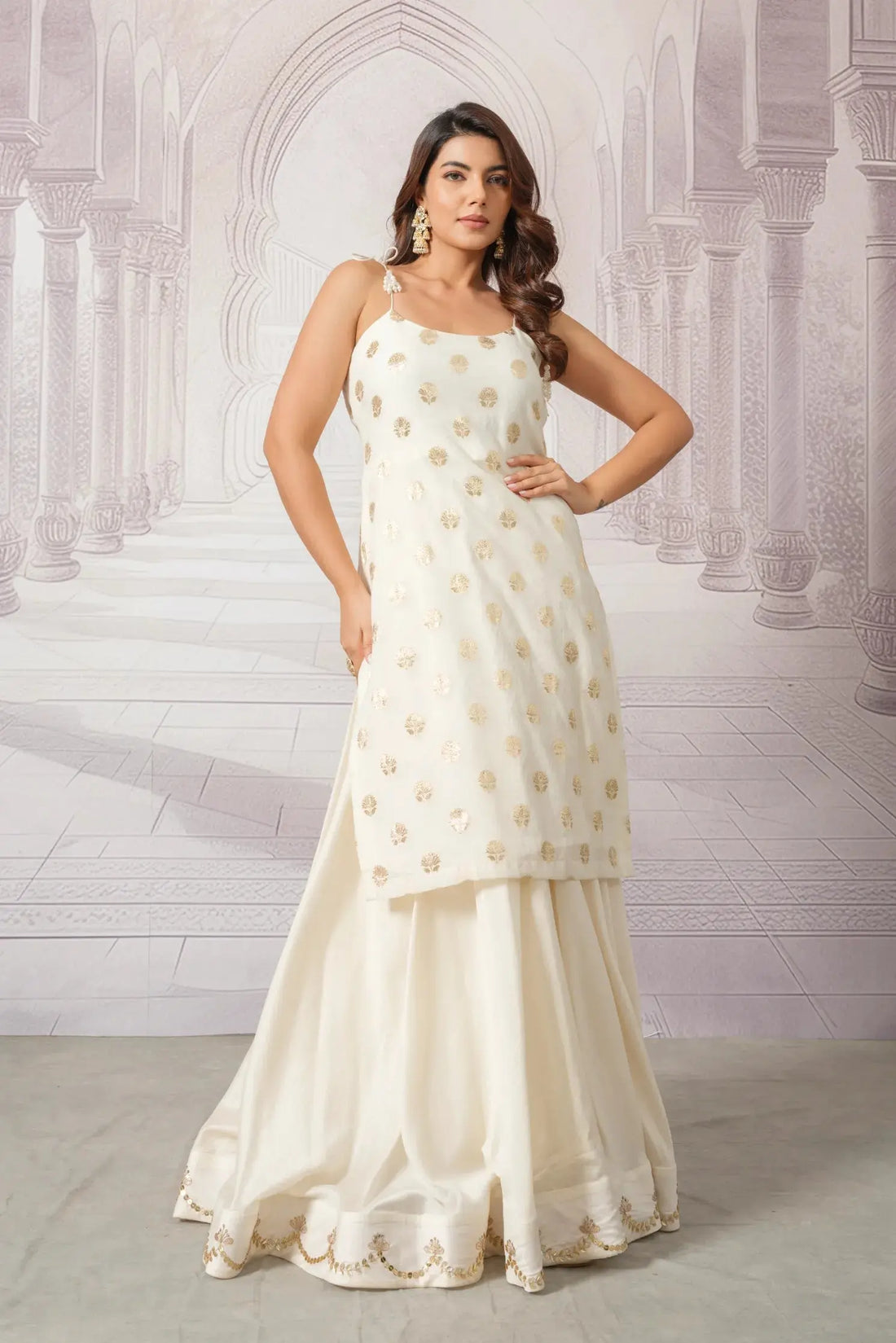 Cream chanderi skirt and brocade kurta set front view