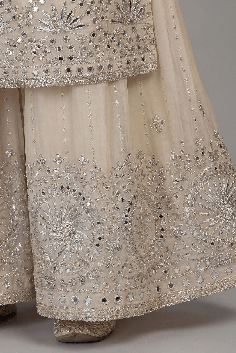 Cream Embroidered Kurta Palazzo Set with Dupatta for Women - The House of Indu