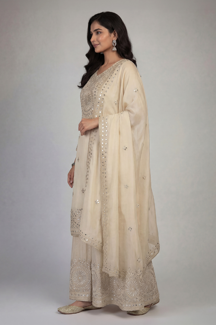 Side view of cream embroidered kurta palazzo set for women