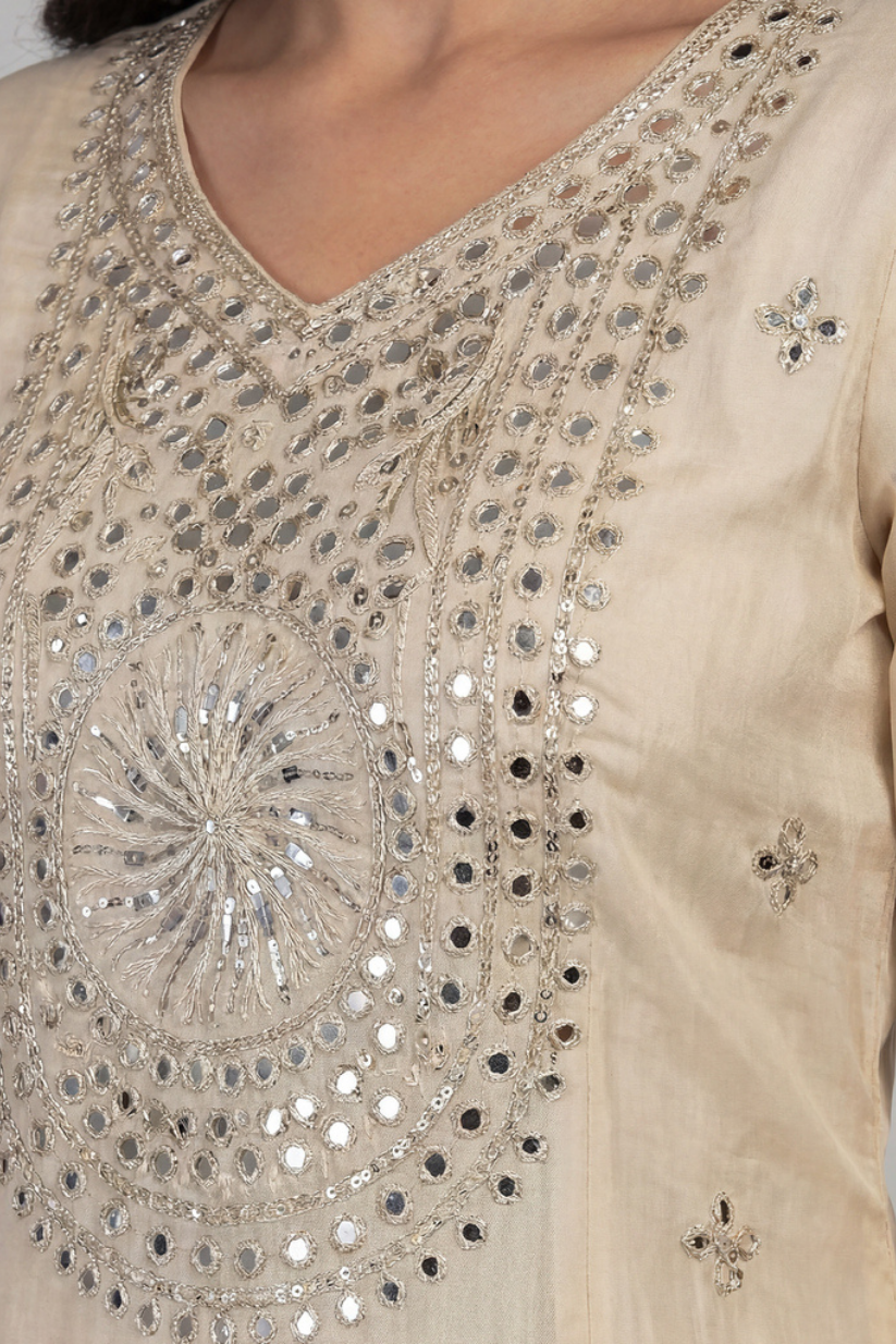 Women cream embroidered kurta palazzo set with dupatta front view