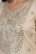 Close look of cream mirror embroidered kurta for women