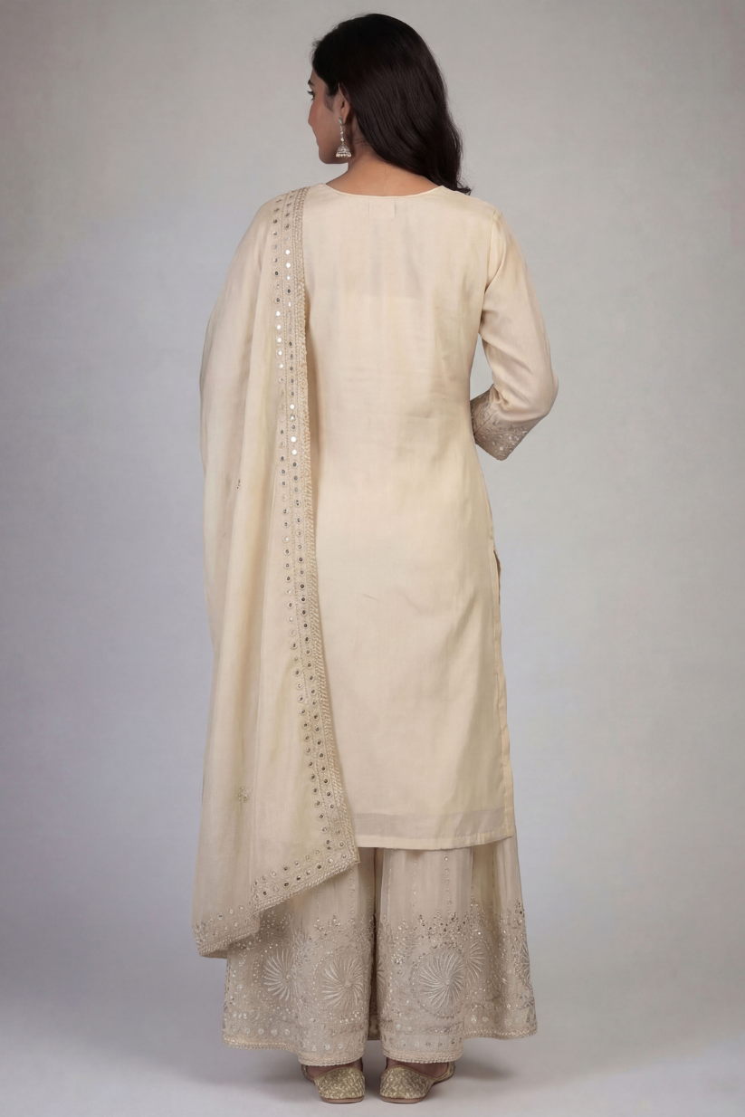 Back view of women cream embroidered palazzo set