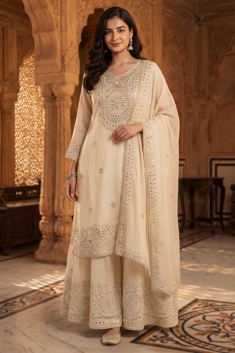 Women cream embroidered kurta palazzo set with dupatta front view
