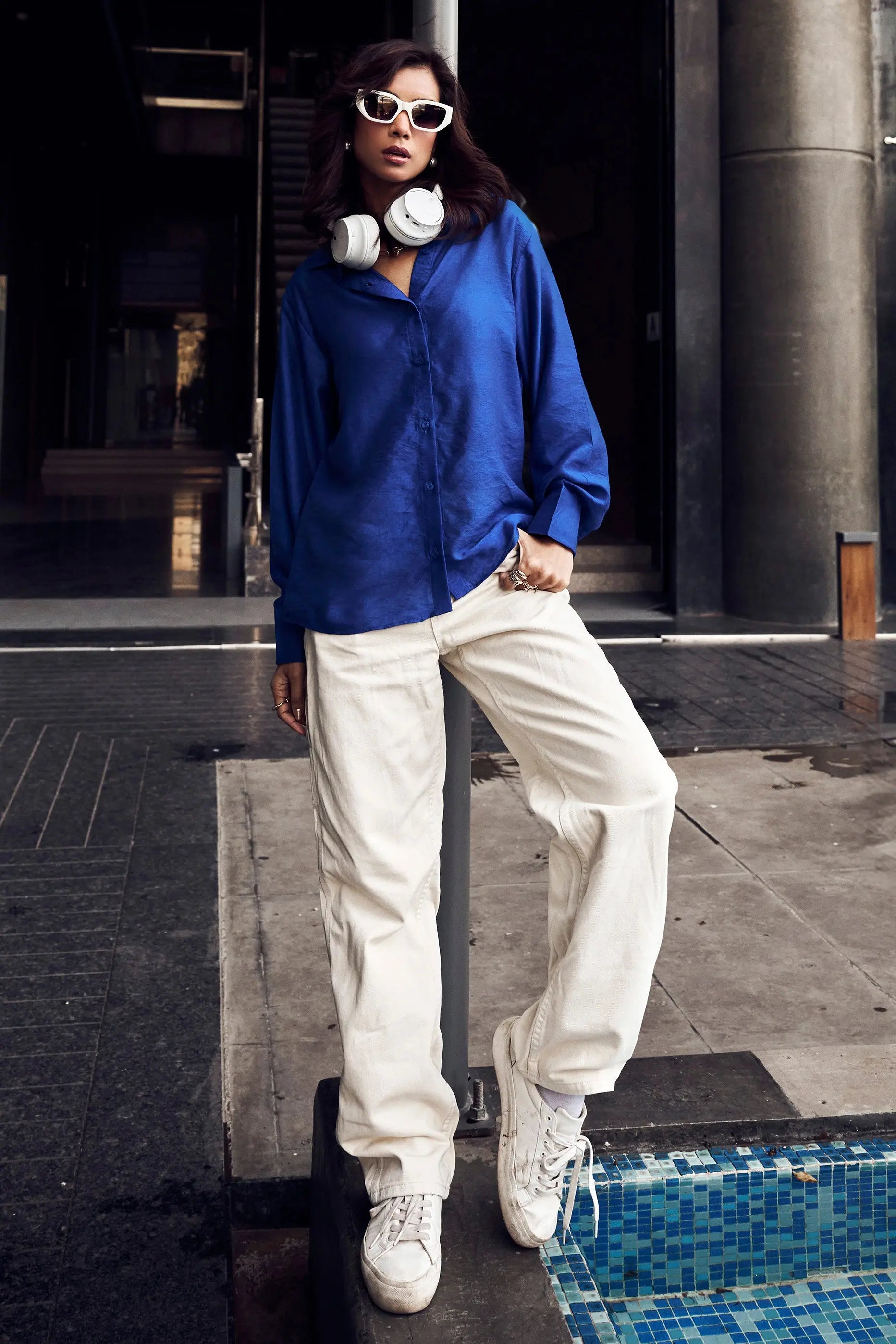 Dark Blue Chanderi Office Wear Shirt for Women