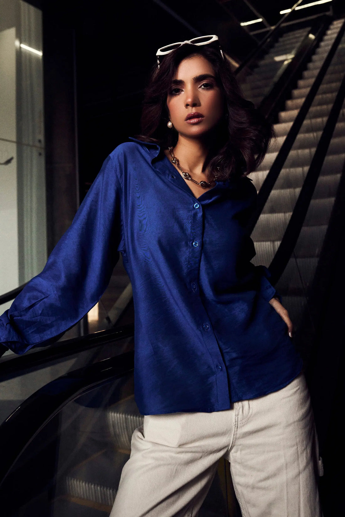 Dark Blue Chanderi Regular Fit Shirt for Women Front View