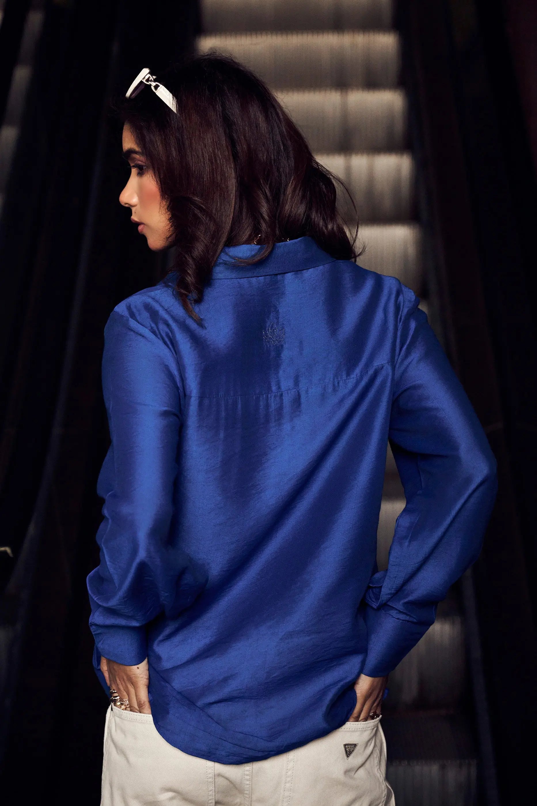 Dark Blue Chanderi Shirt for Women Back View