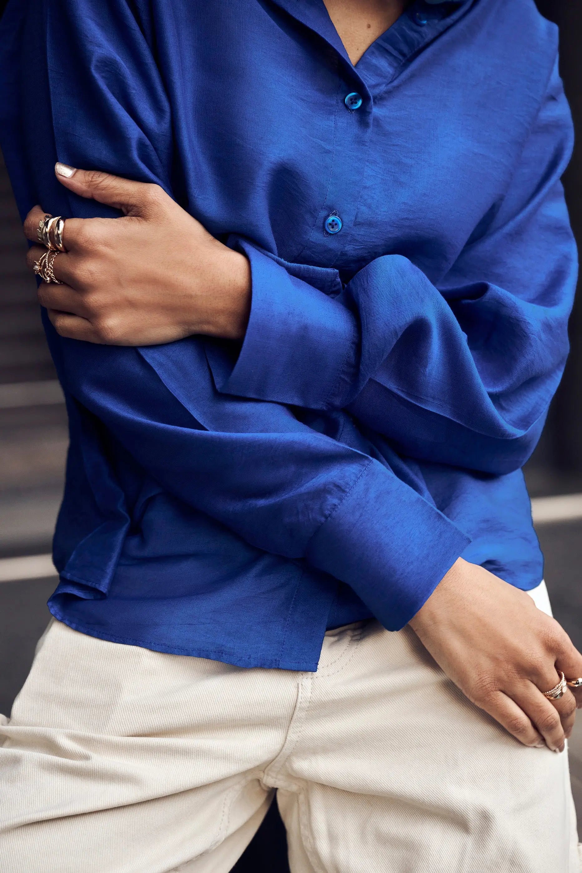 Closeup Sleeve Detail of Dark Blue Chanderi Shirt