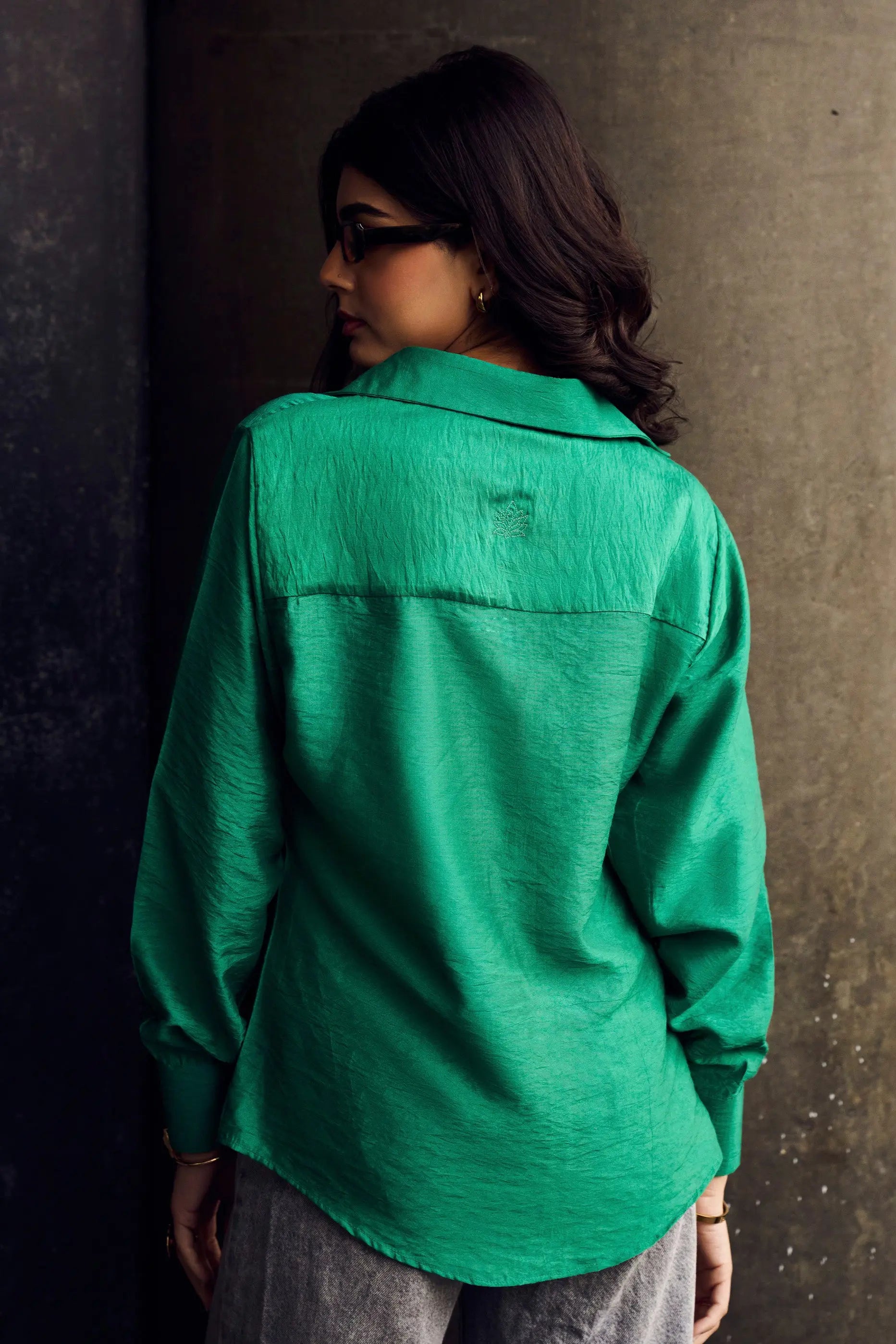 Dark Green Chanderi Shirt for Women Back View